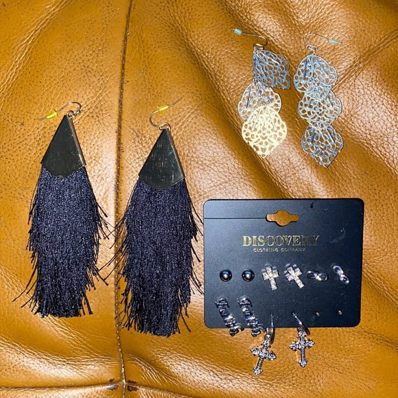 Earrings silver color dangling earrings, black tassel earrings, set of assorted - Picture 1 of 5